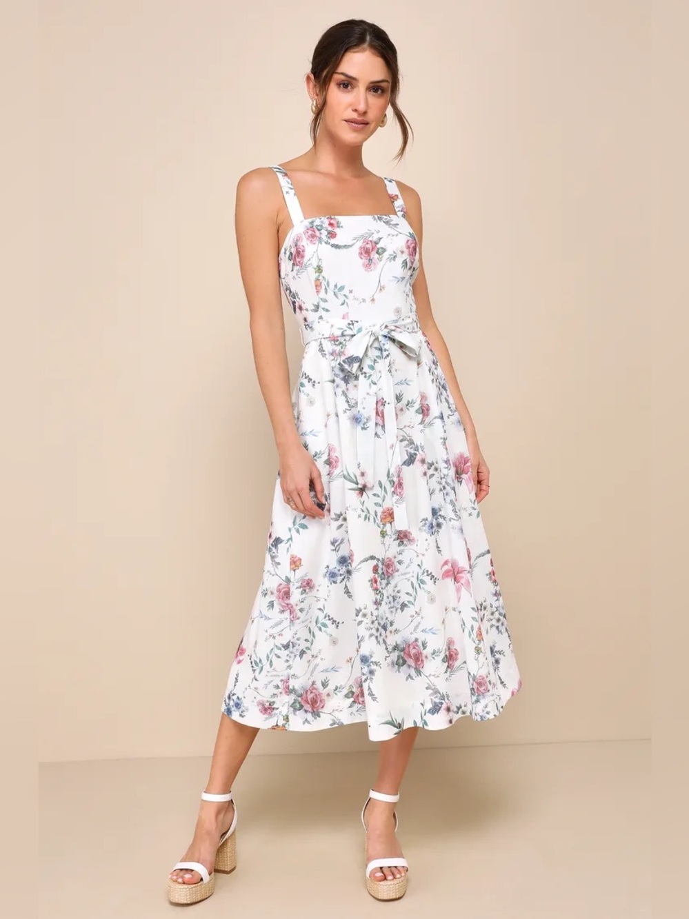 New Lulus Sunny Posture Ivory Floral Sleeveless Midi Dress Size Medium - Picture 2 of 5